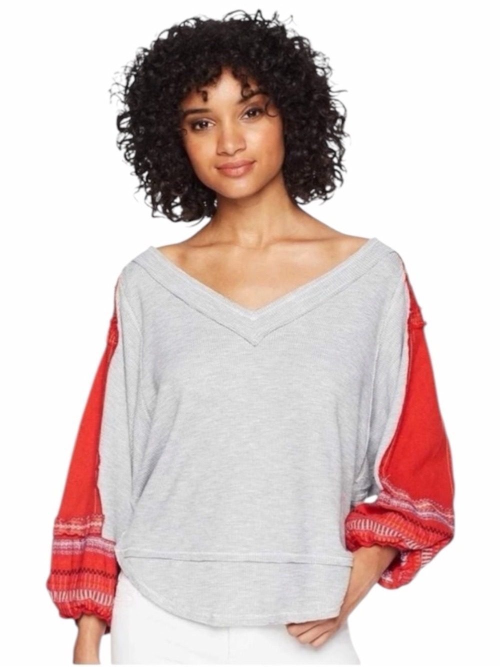 Free People We The Free Bubble Tee L Gray Red Embroidered Sleeve Thermal